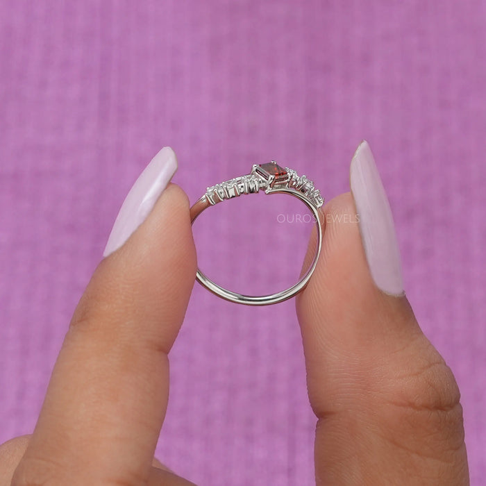 [A Women holding Red Asscher Bypass Set Ring]-[Ouros Jewels]