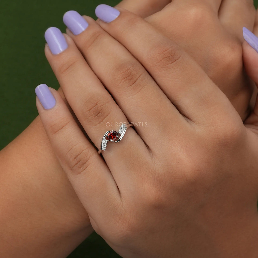 Red Oval Diamond Bypass Dainty Ring