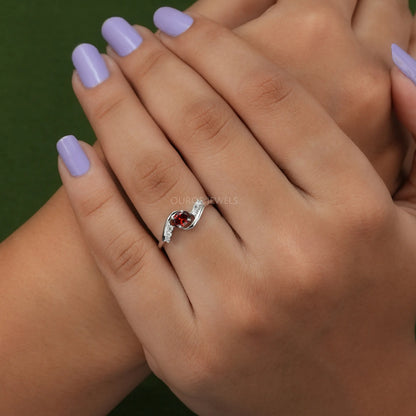 Red Oval Diamond Bypass Dainty Ring