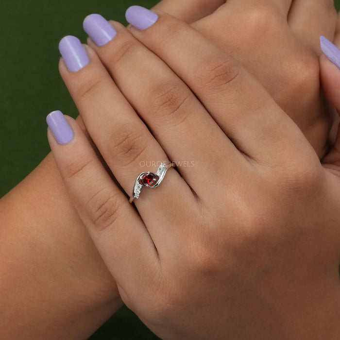 Stunning bypass shank diamond wedding ring crafted with red oval and small round lab diamonds