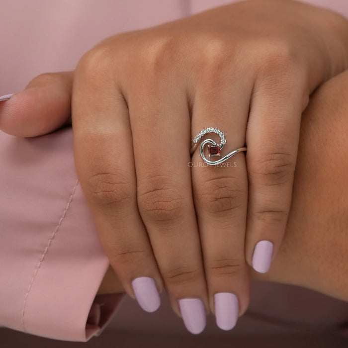 crafted with asscher cut tourbillion ring in14k white gold , this handmade ring set in prongs.