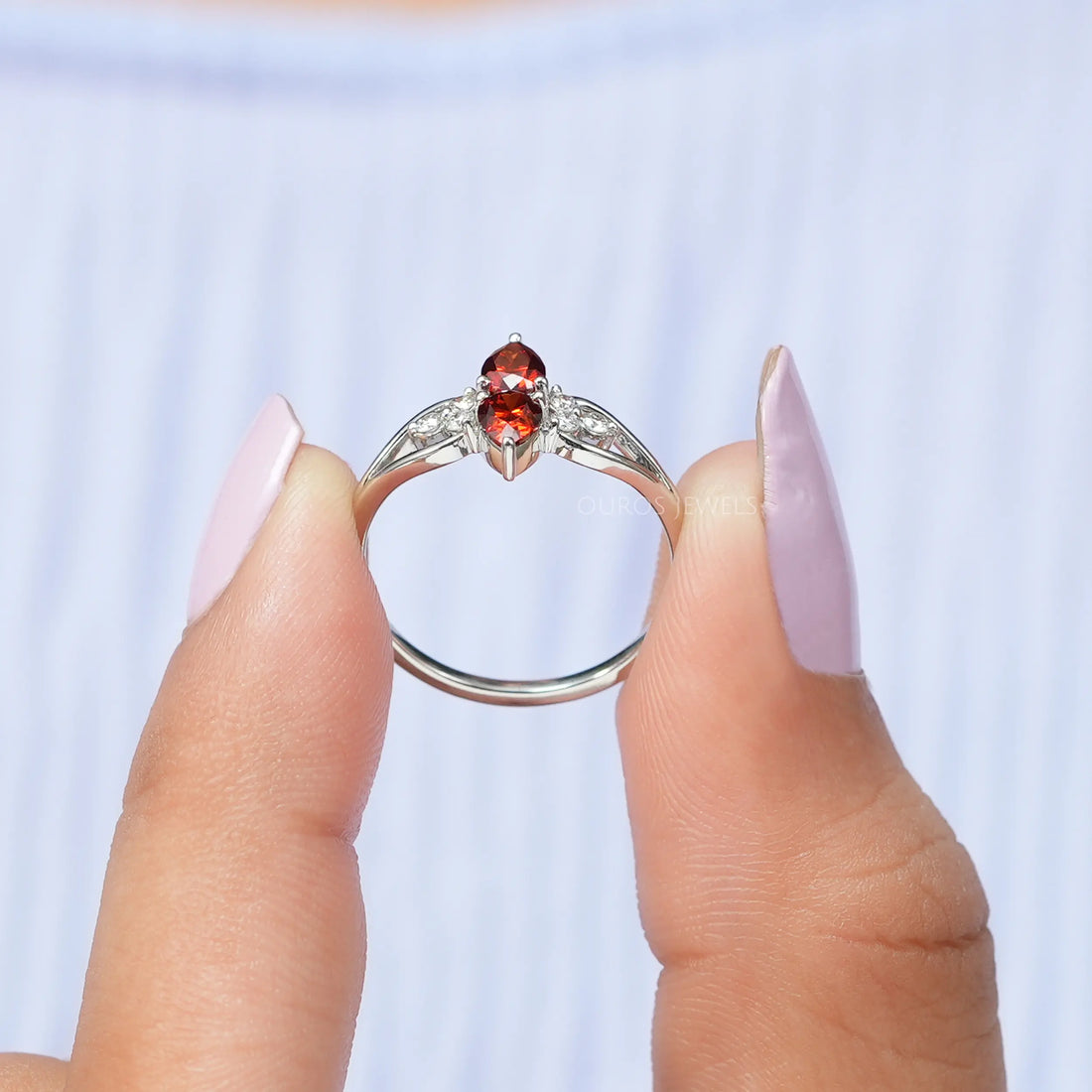 Two Stone Red Pear Diamond Dainty Ring