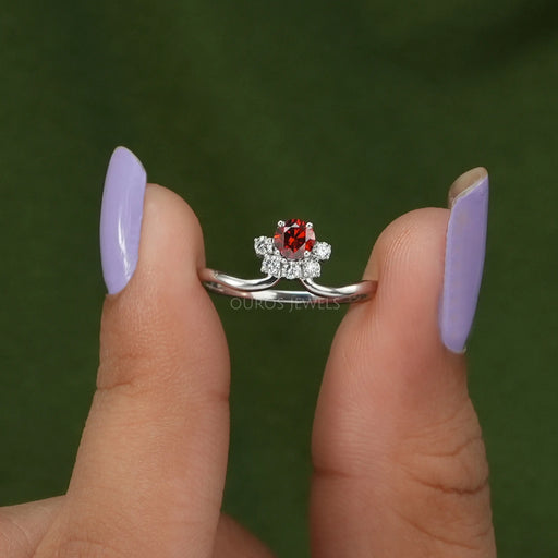 top view of round shape red diamond dainty engagement ring white gold