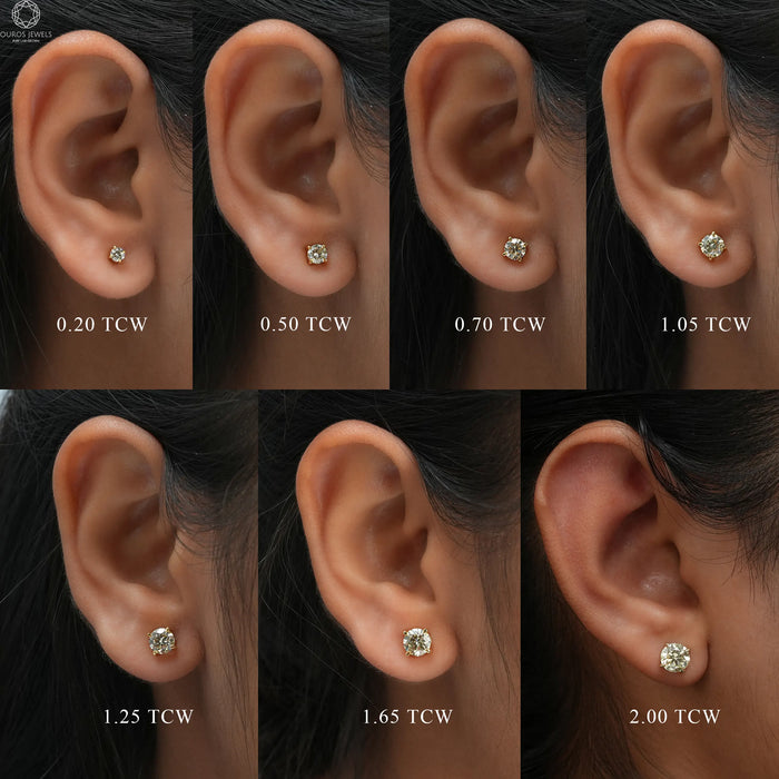 Different carat weights available of round cut lab diamond solitaire stud earrings