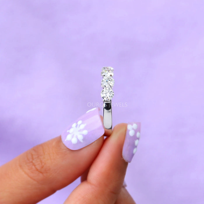 side view baguette and round lab diamond half u prong eternity ring white gold