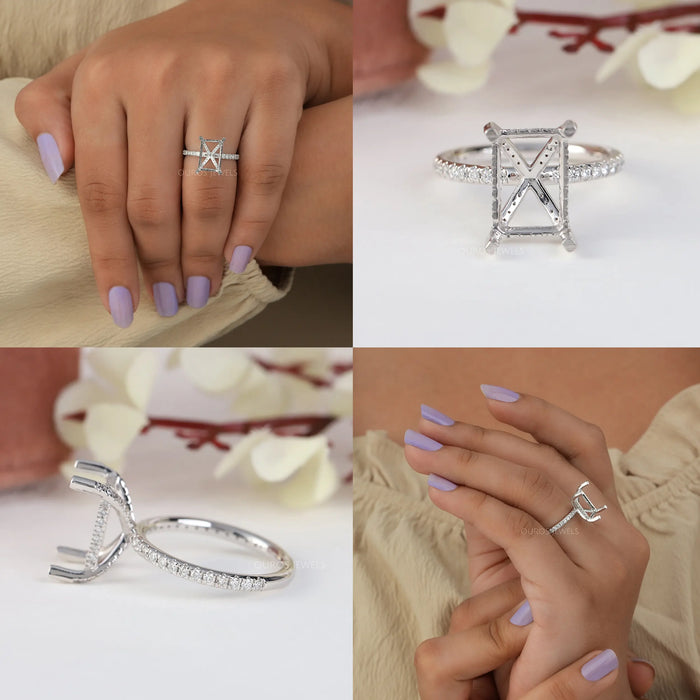 collages of radiant-shaped semi-mount hidden halo engagement ring