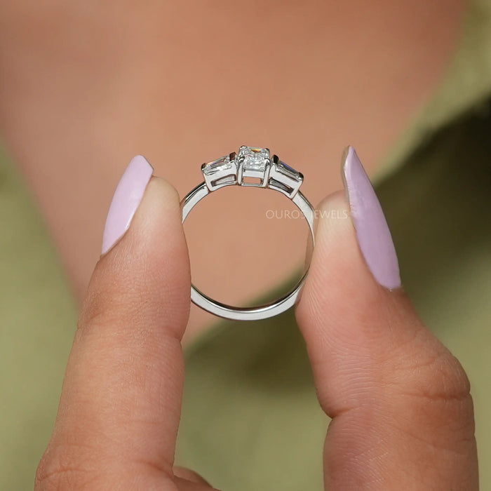 Side Look Of 14k White Gold Antique Emerald And Tapered Baguette Diamond Engagement Ring