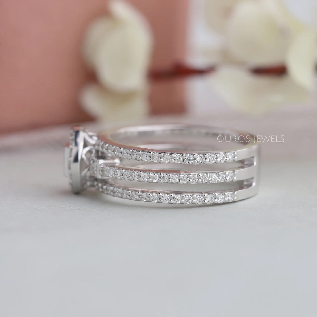 Round Cluster Diamond Triple Shank Halo Ring