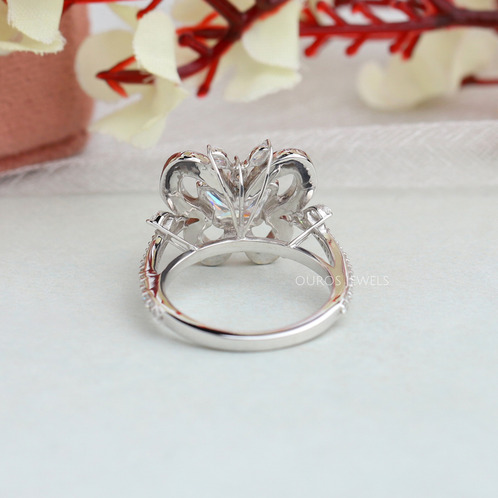 back view of unique butterfly-cut lab-grown diamond cluster engagement ring