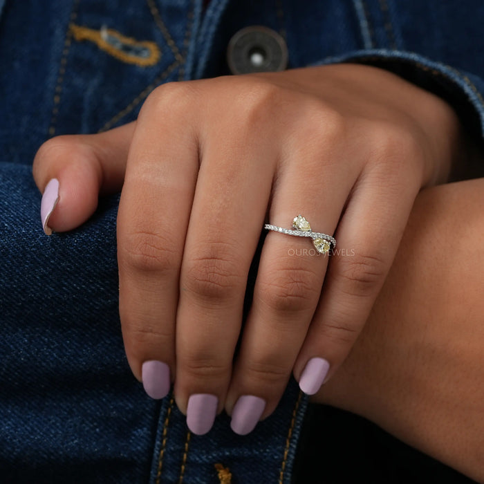 Two Stone Diamond Ring With Yellow Pear Brilliant Cut Lab Made Diamond Engagement Ring
