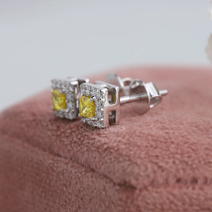 Yellow Princess & Oval Diamond Halo Stud Earrings Earring